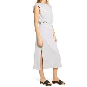 WAYF Luisa Padded Shoulder Midi Dress Womens Medium Grey Beachy Basics Side Slit